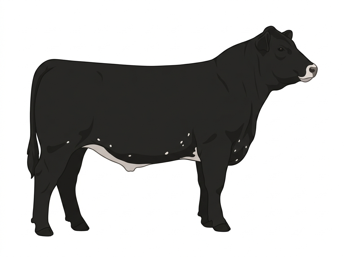 Black with a pale muzzle ring and lighter underline and a few white spots MaineTainer Steer