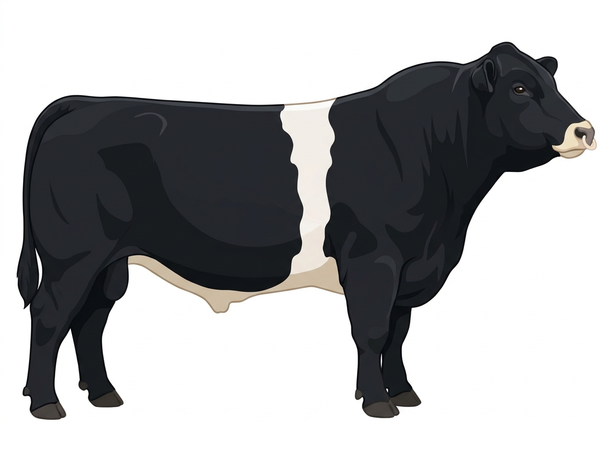Black with a pale muzzle ring and lighter underline and a white belt around the midsection MaineTainer Bull