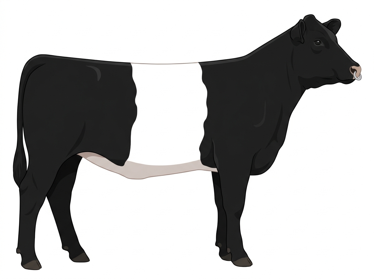 Black with a pale muzzle ring and lighter underline and a white belt around the midsection MaineTainer Heifer