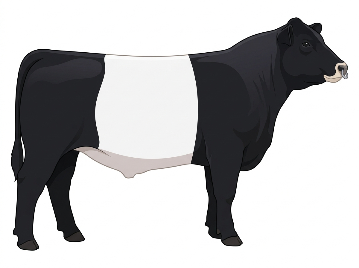Black with a pale muzzle ring and lighter underline and a white belt around the midsection MaineTainer Steer