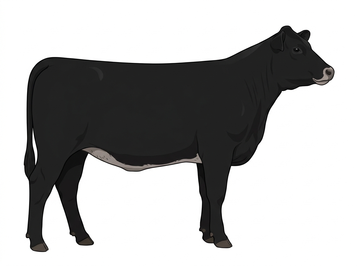 Black with a pale muzzle ring and lighter underline and ticking in the white MaineTainer Heifer