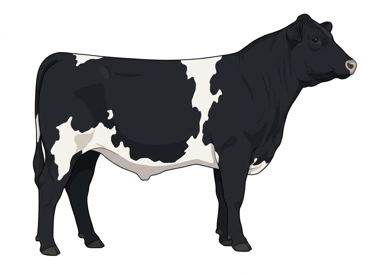 Black with a pale muzzle ring and lighter underline and white in large patches MaineTainer Steer