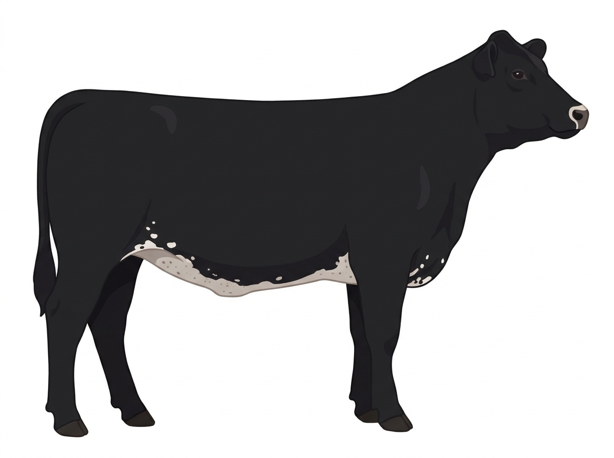 Black with a pale muzzle ring and lighter underline and white spots MaineTainer Heifer