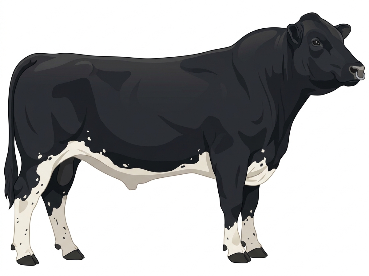 Black with a pale muzzle ring and lighter underline, white spots and ticking in the white MaineTainer Bull
