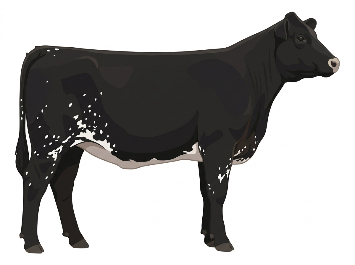 Black with a pale muzzle ring and lighter underline, white spots and ticking in the white MaineTainer Heifer