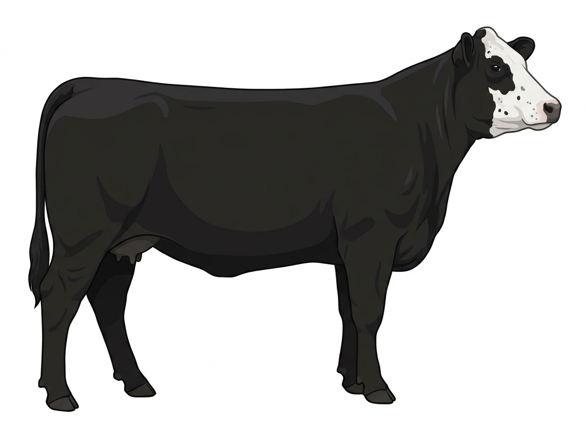 Black with a partial white face, a few white spots and ticking in the white MaineTainer Cow