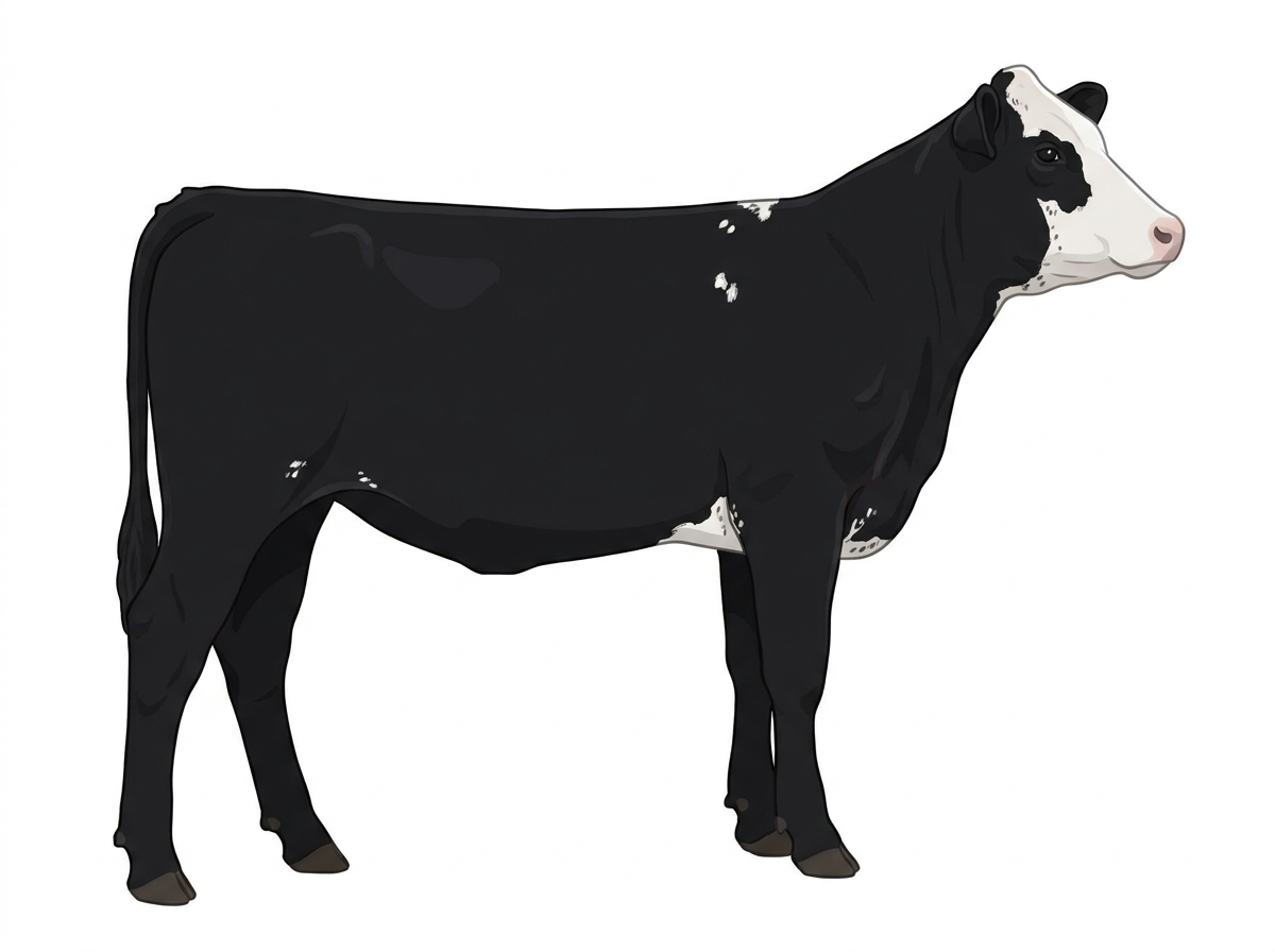 Black with a partial white face, a few white spots and ticking in the white MaineTainer Heifer
