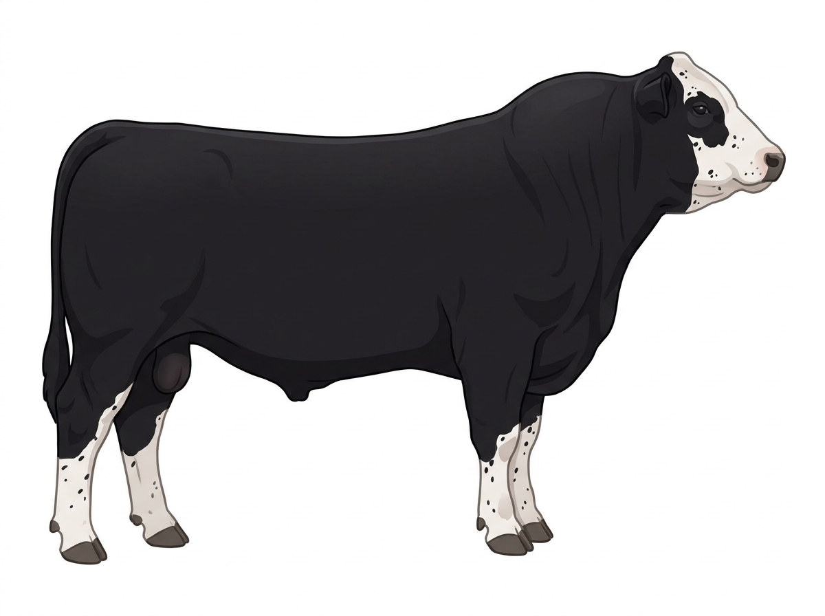 Black with a partial white face and ticking in the white MaineTainer Bull