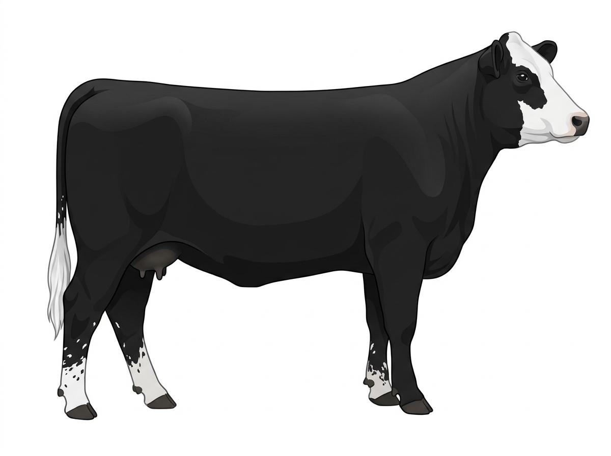 Black with a partial white face and ticking in the white MaineTainer Cow