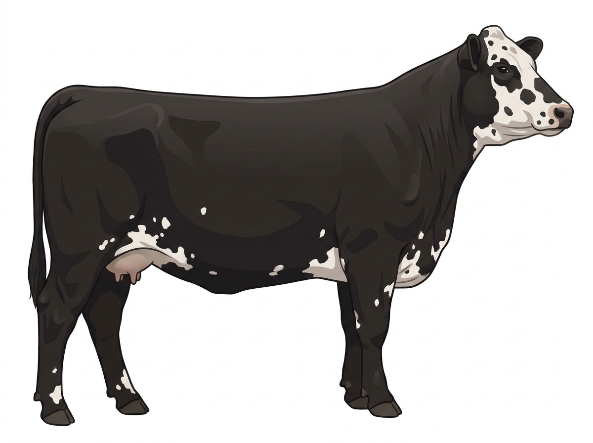 Black with a partial white face and white spots MaineTainer Cow