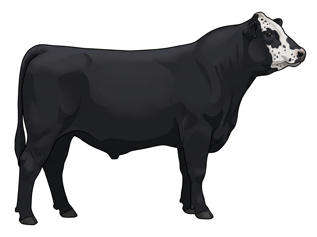 Black with a partial white face, white spots and ticking in the white MaineTainer Bull