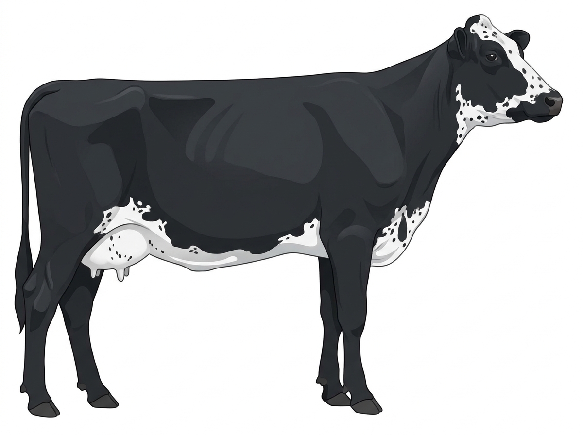 Black with a partial white face, white spots and ticking in the white MaineTainer Cow