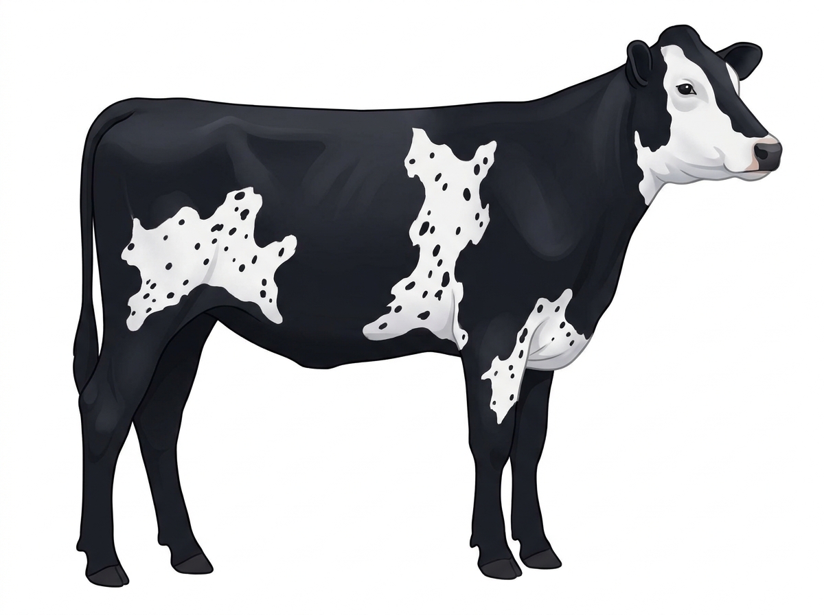 Black with a partial white face, white spots and ticking in the white MaineTainer Heifer
