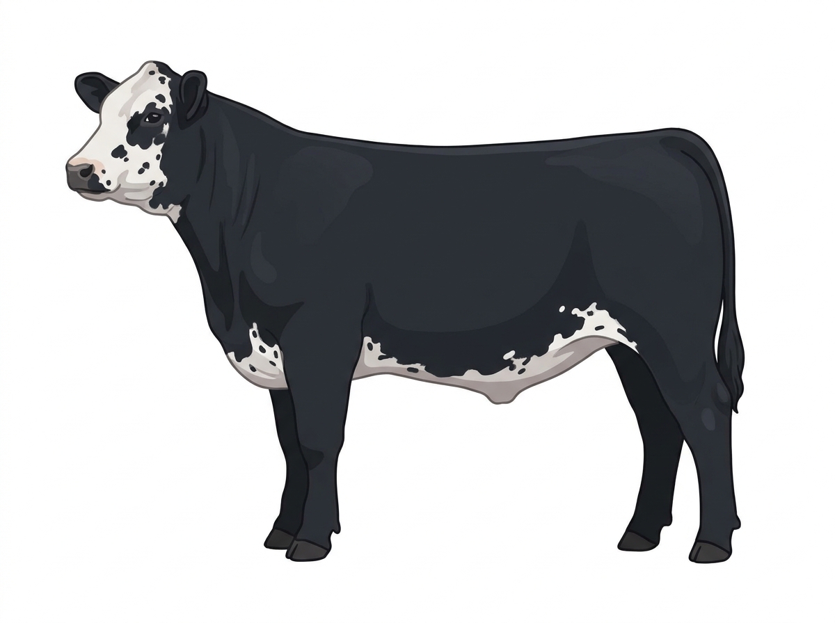 Black with a partial white face, white spots and ticking in the white MaineTainer Steer