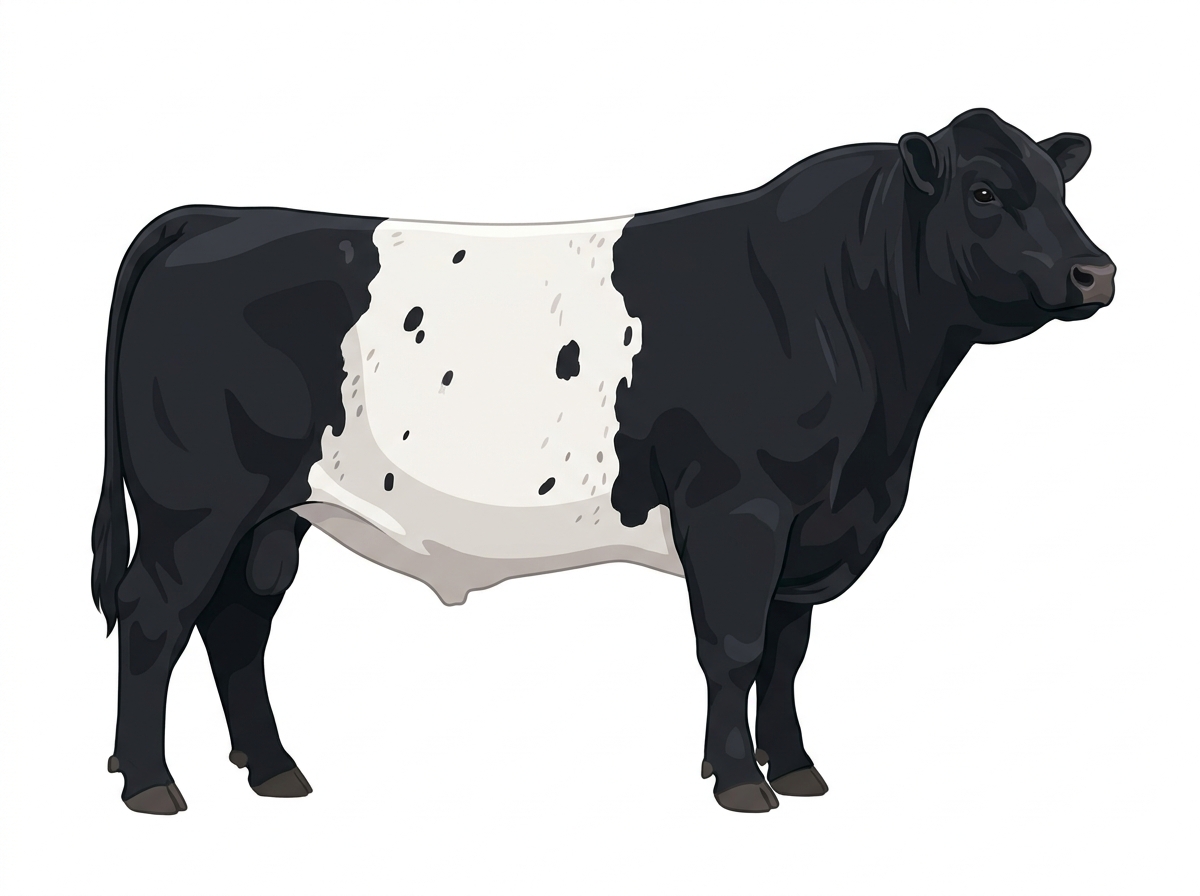 Black with a white belt around the midsection, a few white spots and ticking in the white MaineTainer Bull