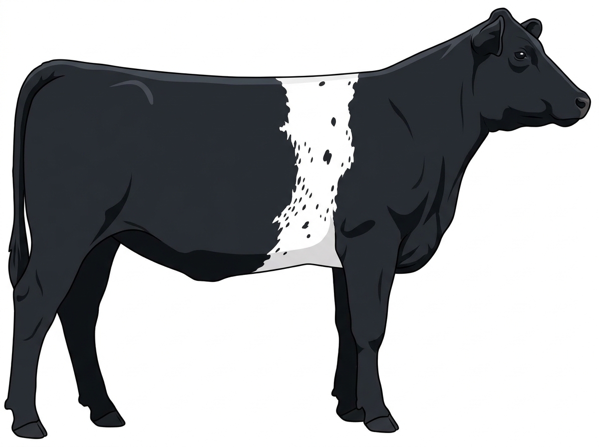 Black with a white belt around the midsection, a few white spots and ticking in the white MaineTainer Heifer