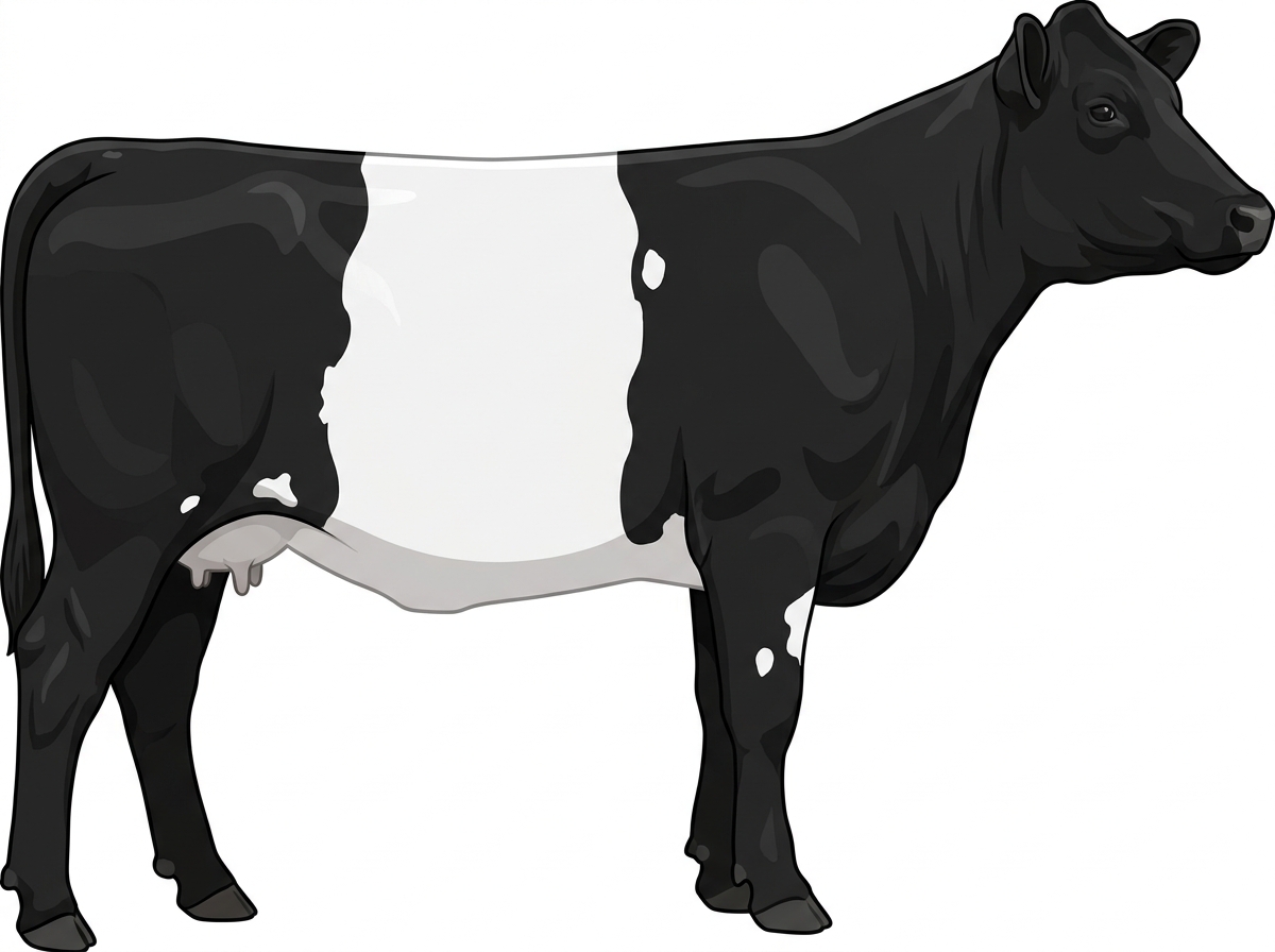 Black with a white belt around the midsection and a few white spots MaineTainer Cow