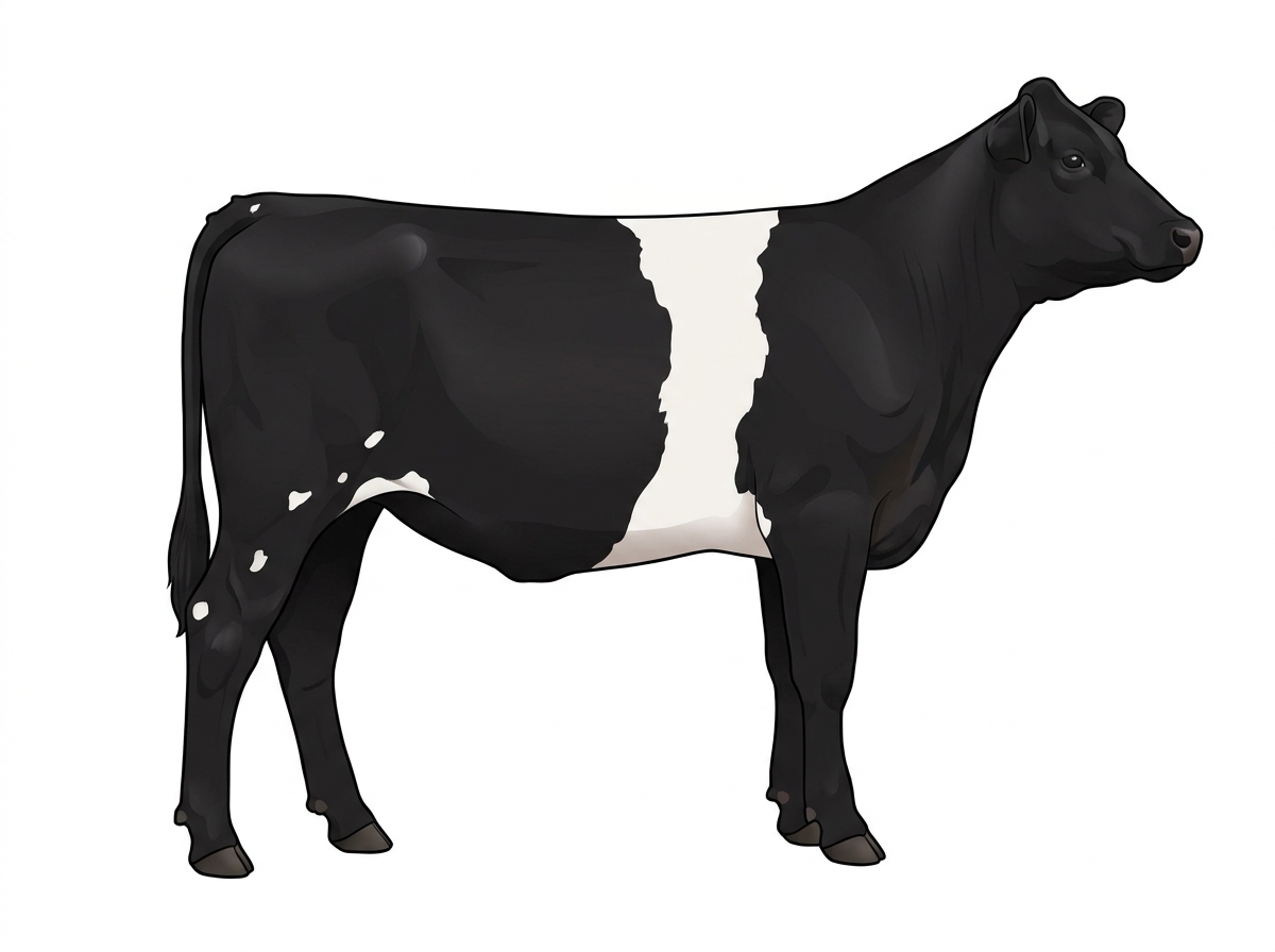 Black with a white belt around the midsection and a few white spots MaineTainer Heifer