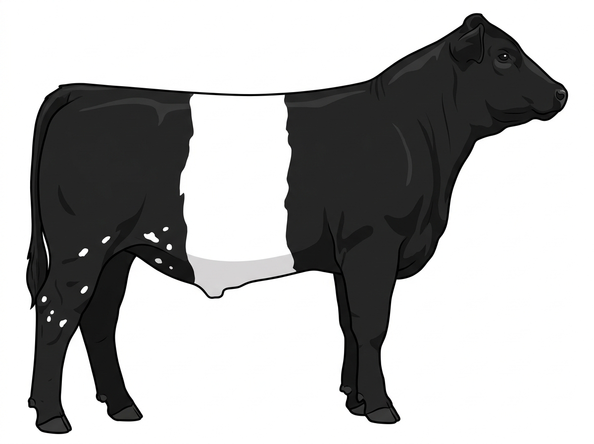 Black with a white belt around the midsection and a few white spots MaineTainer Steer