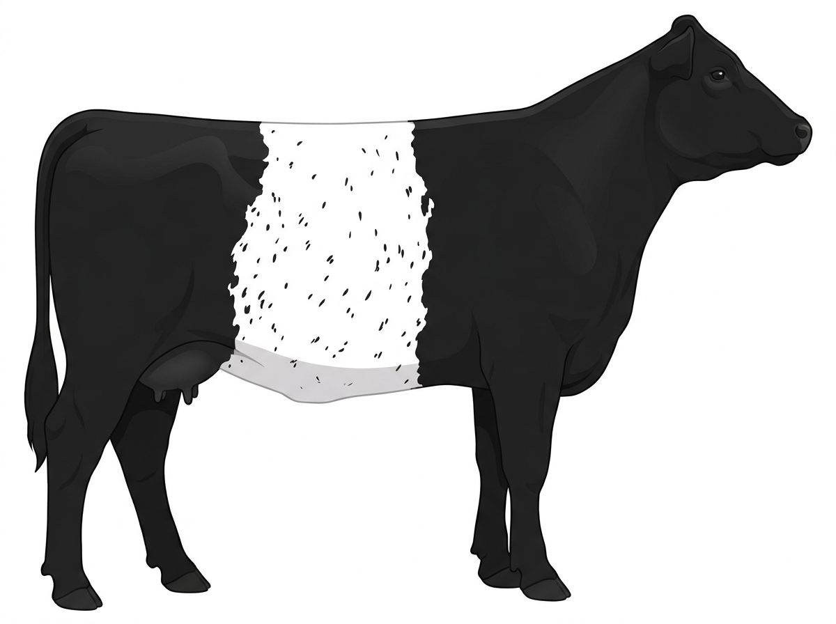 Black with a white belt around the midsection and ticking in the white MaineTainer Cow