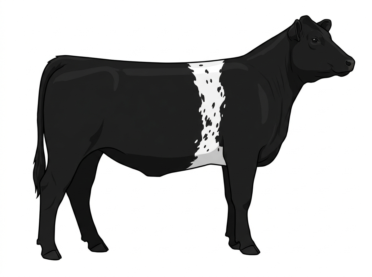 Black with a white belt around the midsection and ticking in the white MaineTainer Heifer