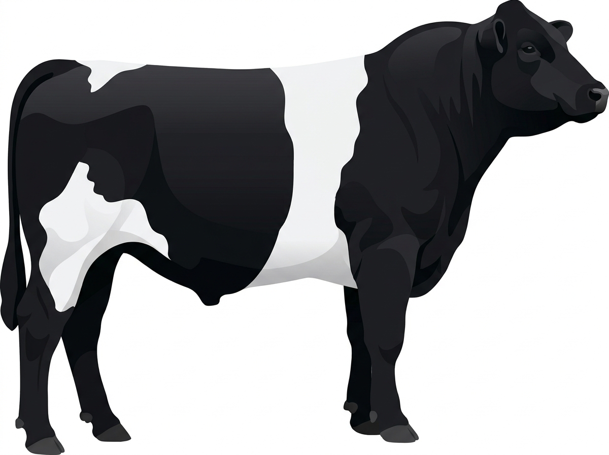 Black with a white belt around the midsection and white in large patches MaineTainer Bull