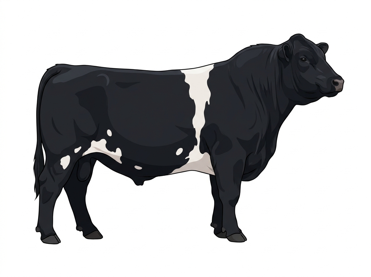 Black with a white belt around the midsection and white spots MaineTainer Bull