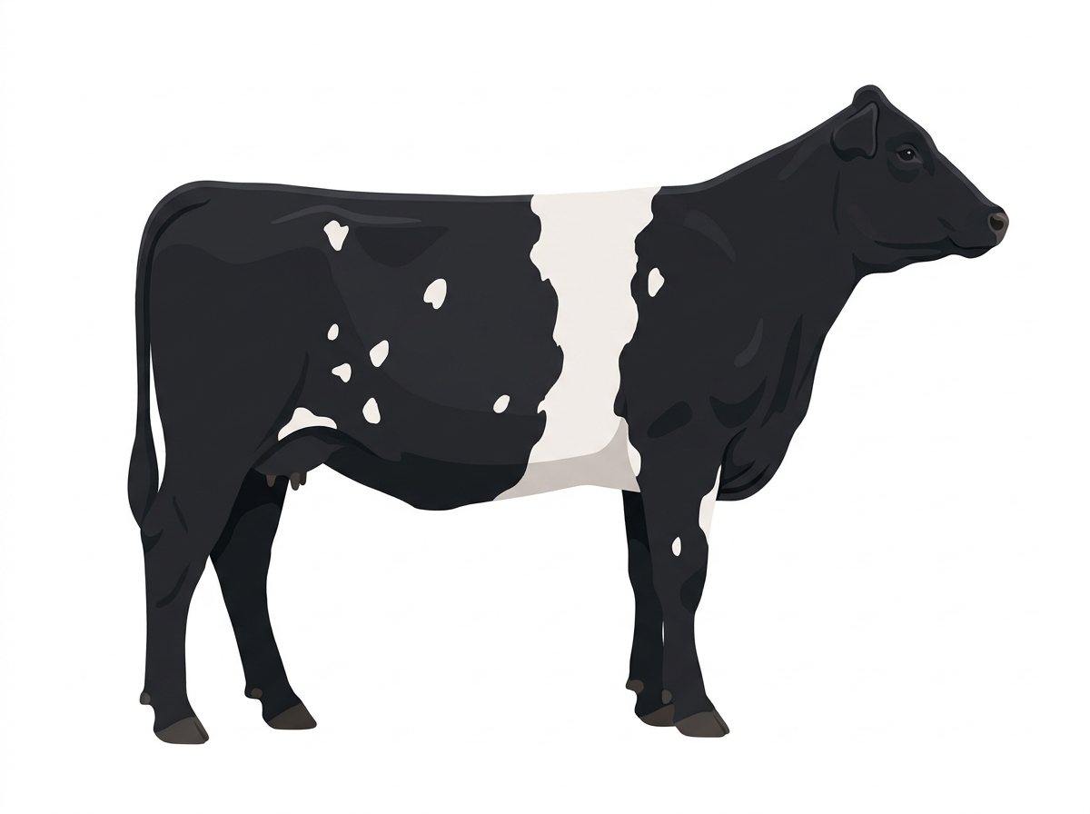 Black with a white belt around the midsection and white spots MaineTainer Cow