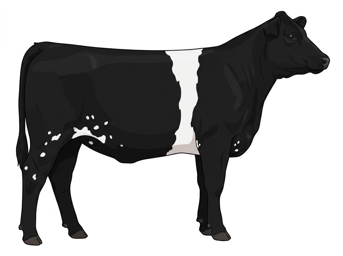 Black with a white belt around the midsection and white spots MaineTainer Heifer