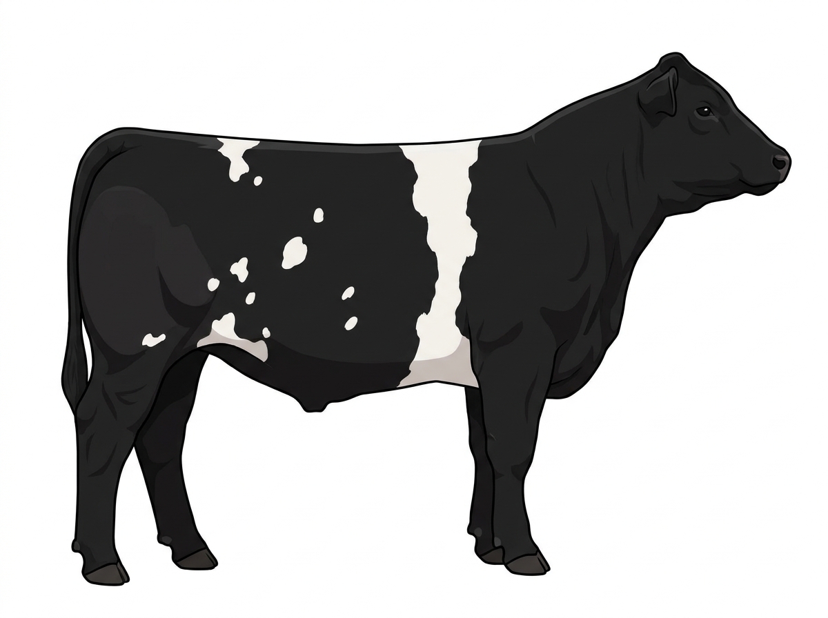 Black with a white belt around the midsection and white spots MaineTainer Steer