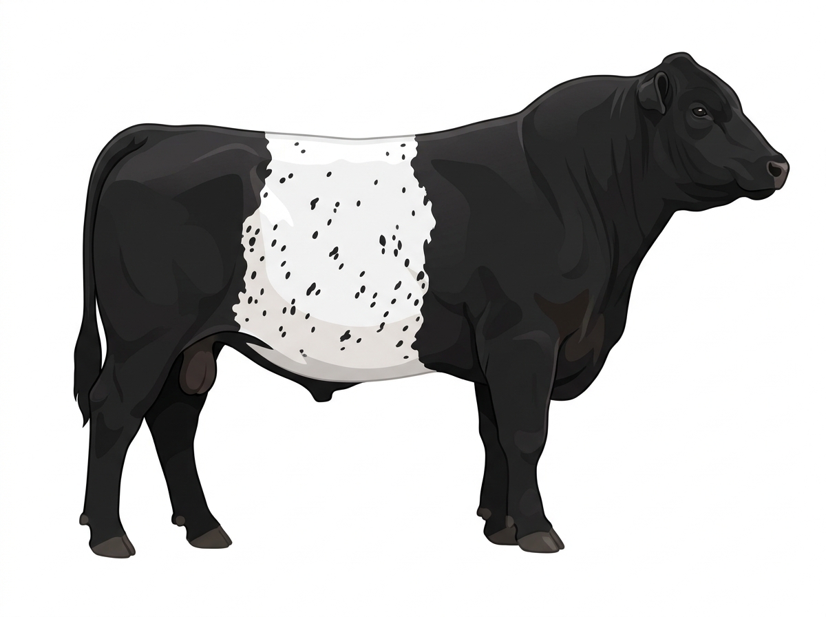 Black with a white belt around the midsection, white spots and ticking in the white MaineTainer Bull