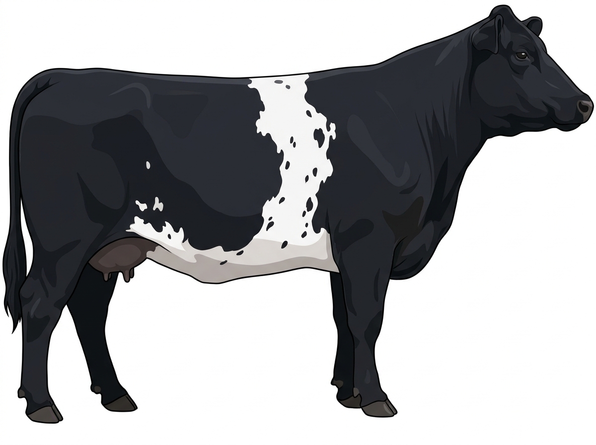 Black with a white belt around the midsection, white spots and ticking in the white MaineTainer Cow
