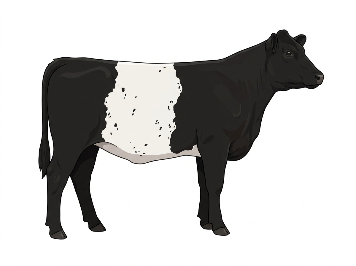 Black with a white belt around the midsection, white spots and ticking in the white MaineTainer Heifer