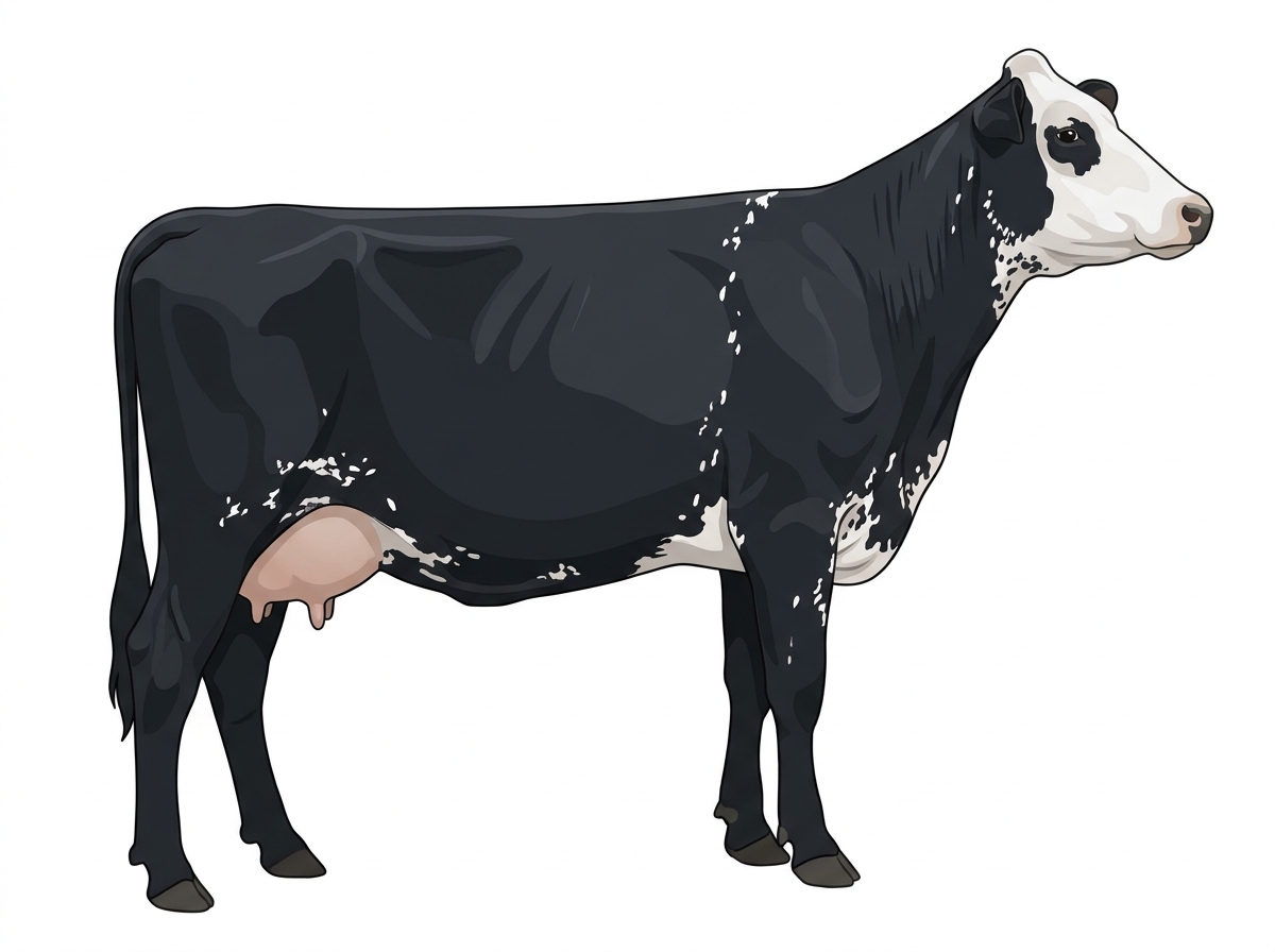 Black with a white face, a few white spots and ticking in the white MaineTainer Cow