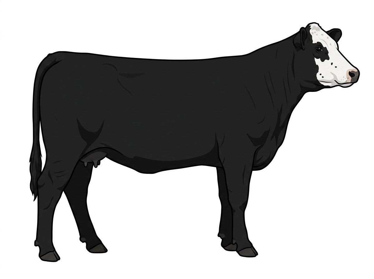Black with a white face, a few white spots and ticking in the white MaineTainer Cow