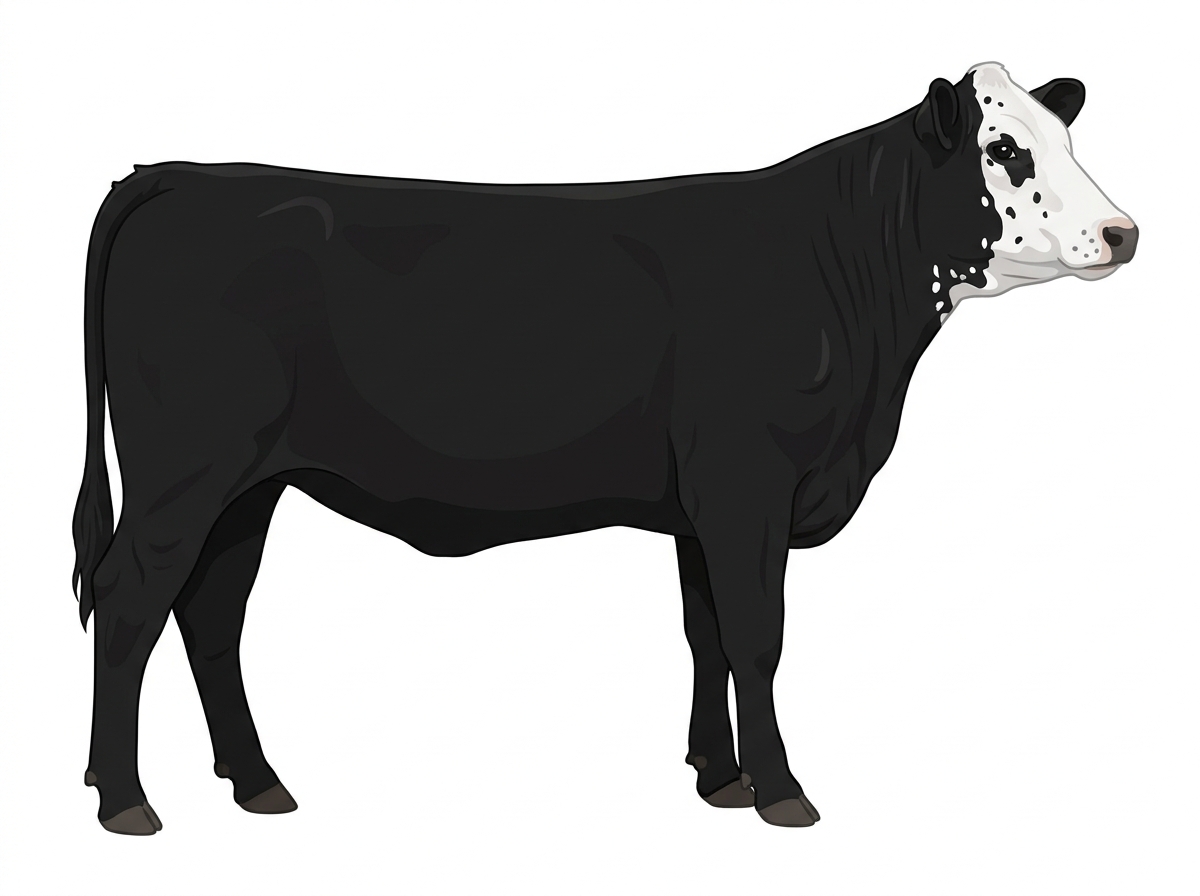 Black with a white face, a few white spots and ticking in the white MaineTainer Heifer