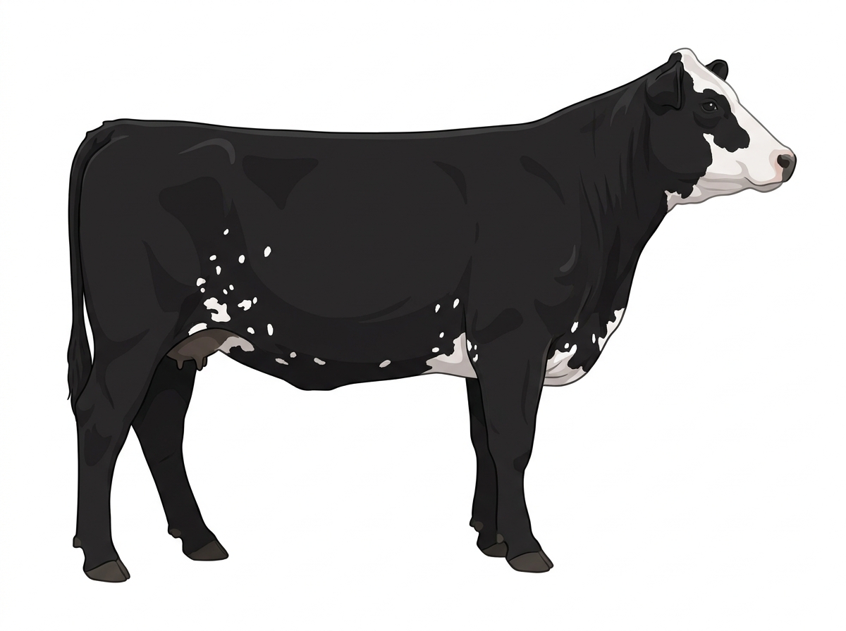 Black with a white face and white spots MaineTainer Cow