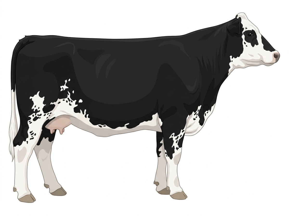 Black with a white face, white in large patches and ticking in the white MaineTainer Cow