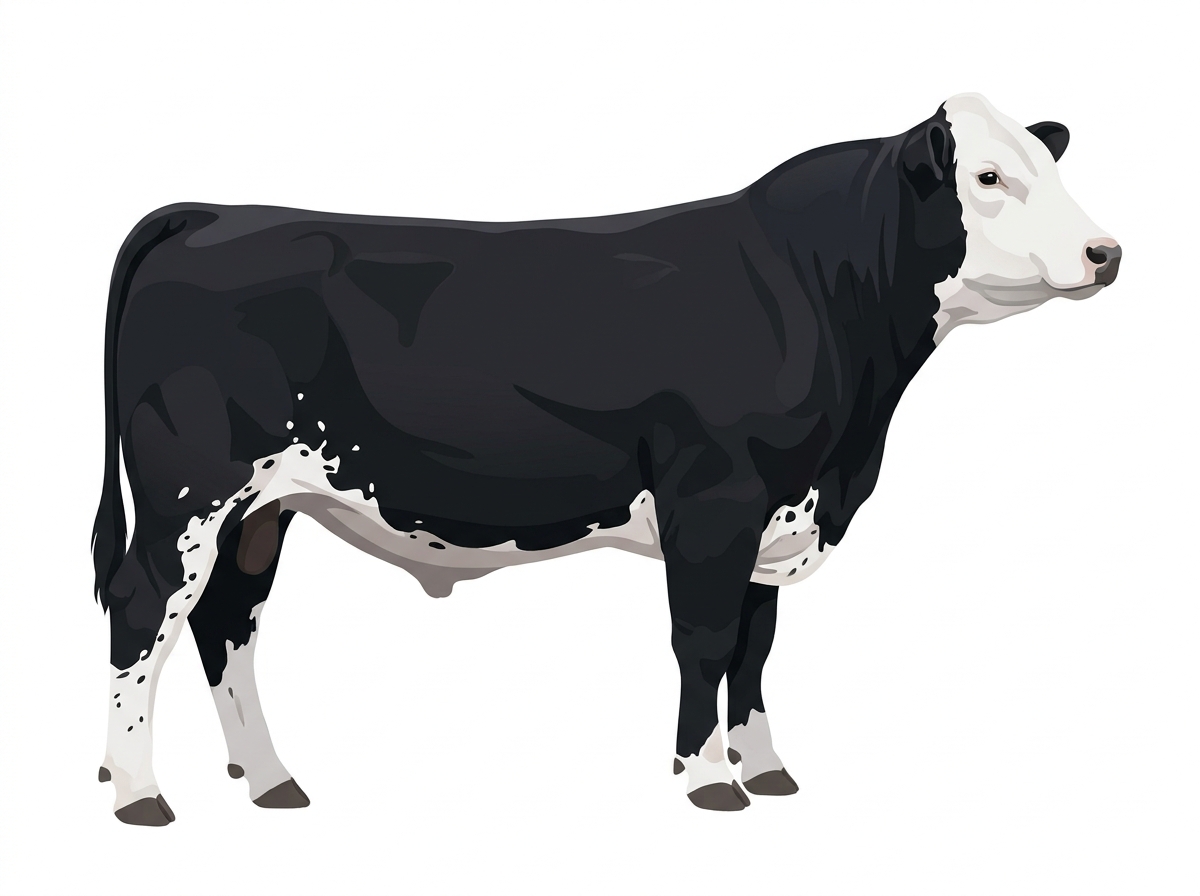 Black with a white face, white spots and ticking in the white MaineTainer Bull