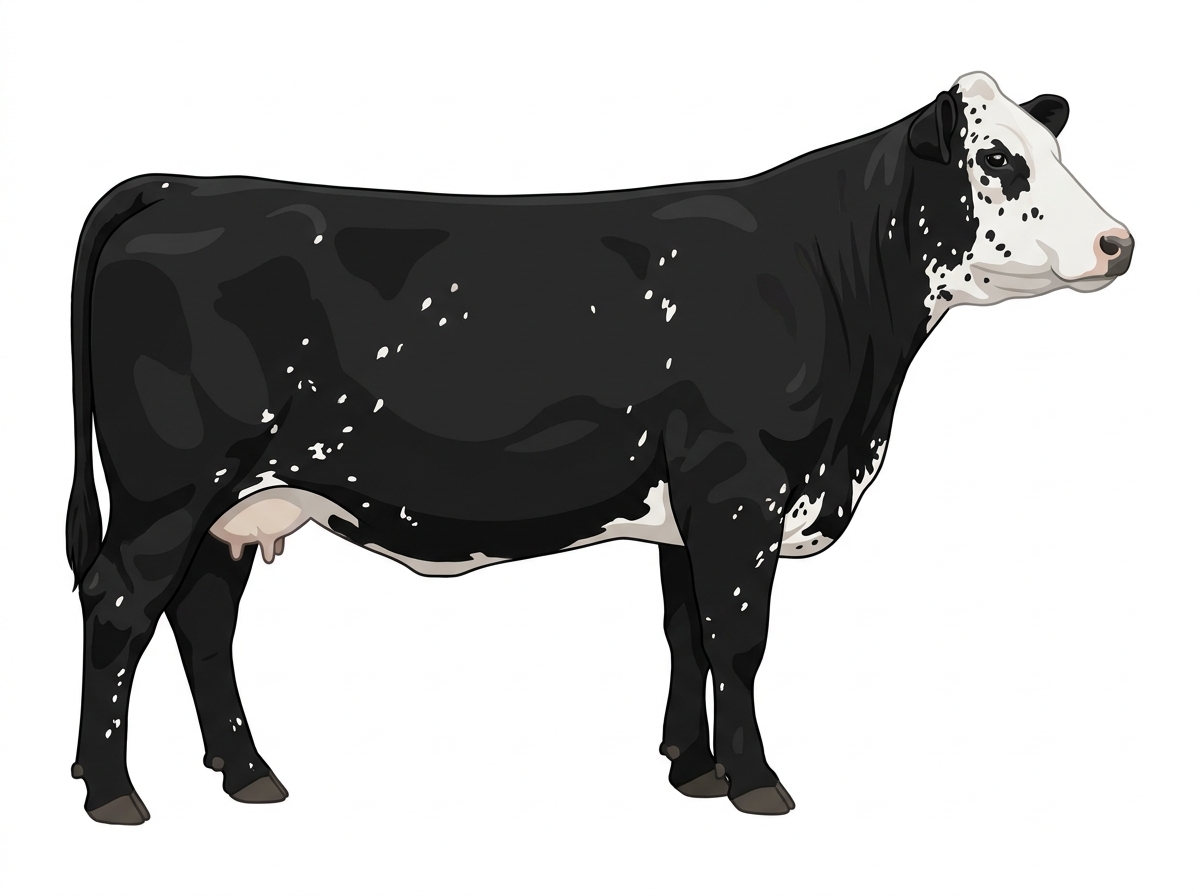 Black with a white face, white spots and ticking in the white MaineTainer Cow