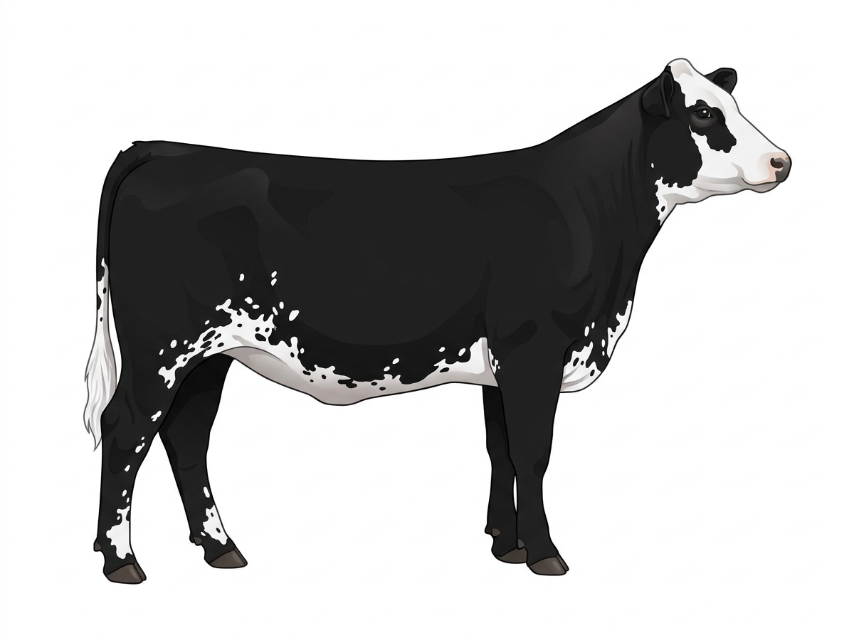 Black with a white face, white spots and ticking in the white MaineTainer Heifer