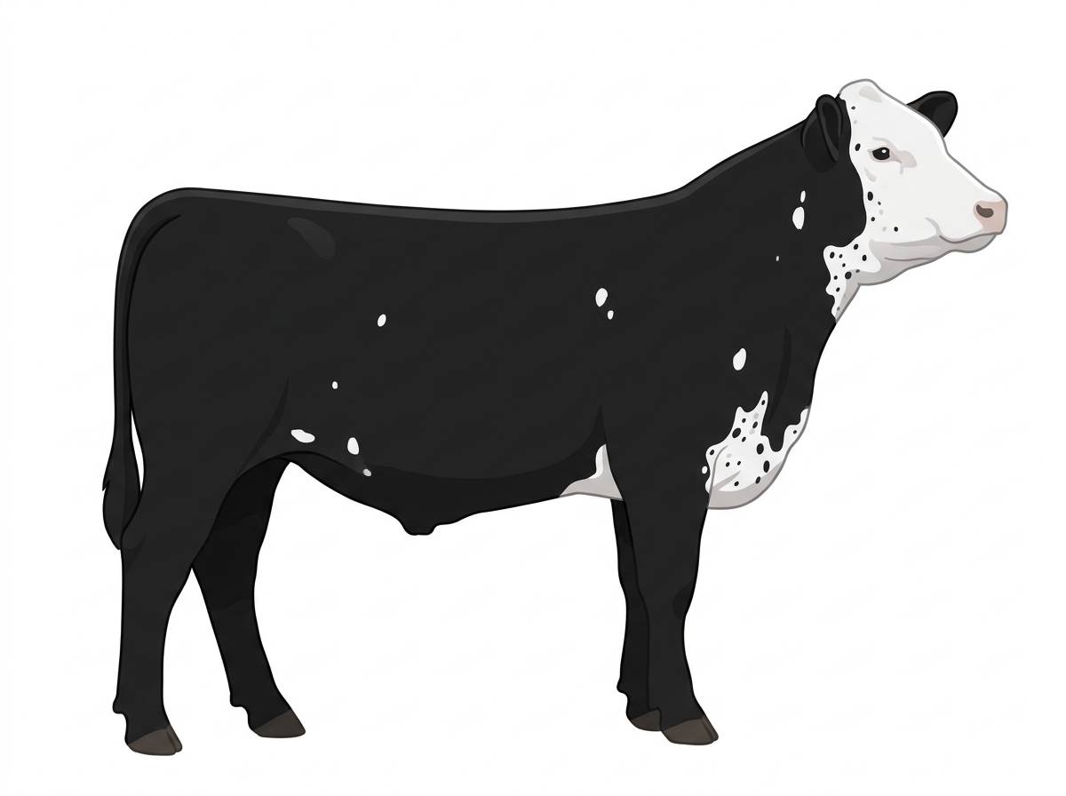Black with a white face, white spots and ticking in the white MaineTainer Steer