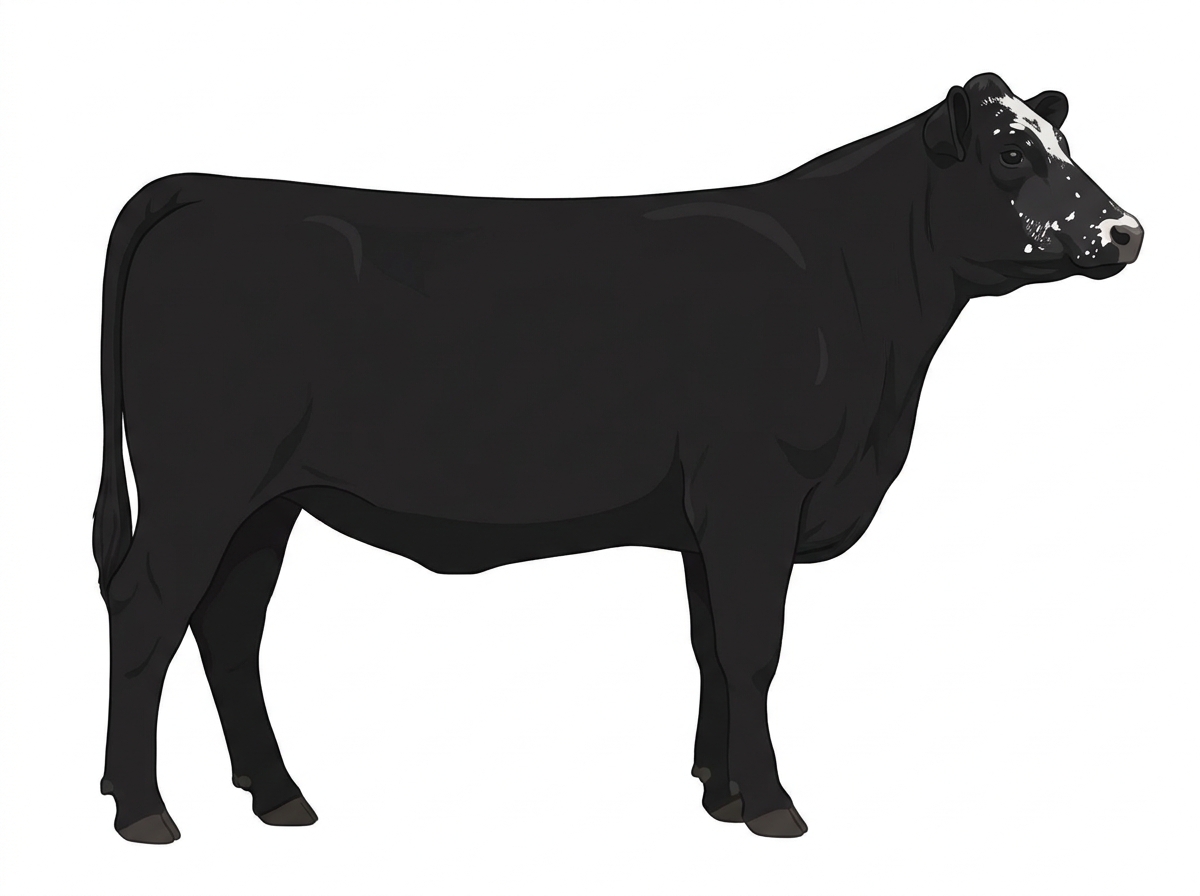 Black with minimal white face markings, a few white spots and ticking in the white MaineTainer Heifer