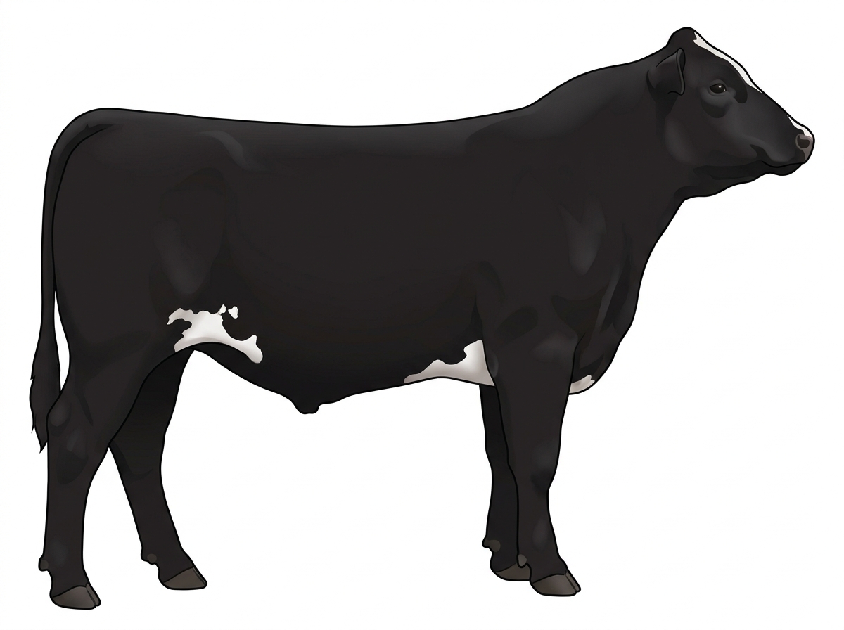Black with minimal white face markings and a few white spots MaineTainer Bull