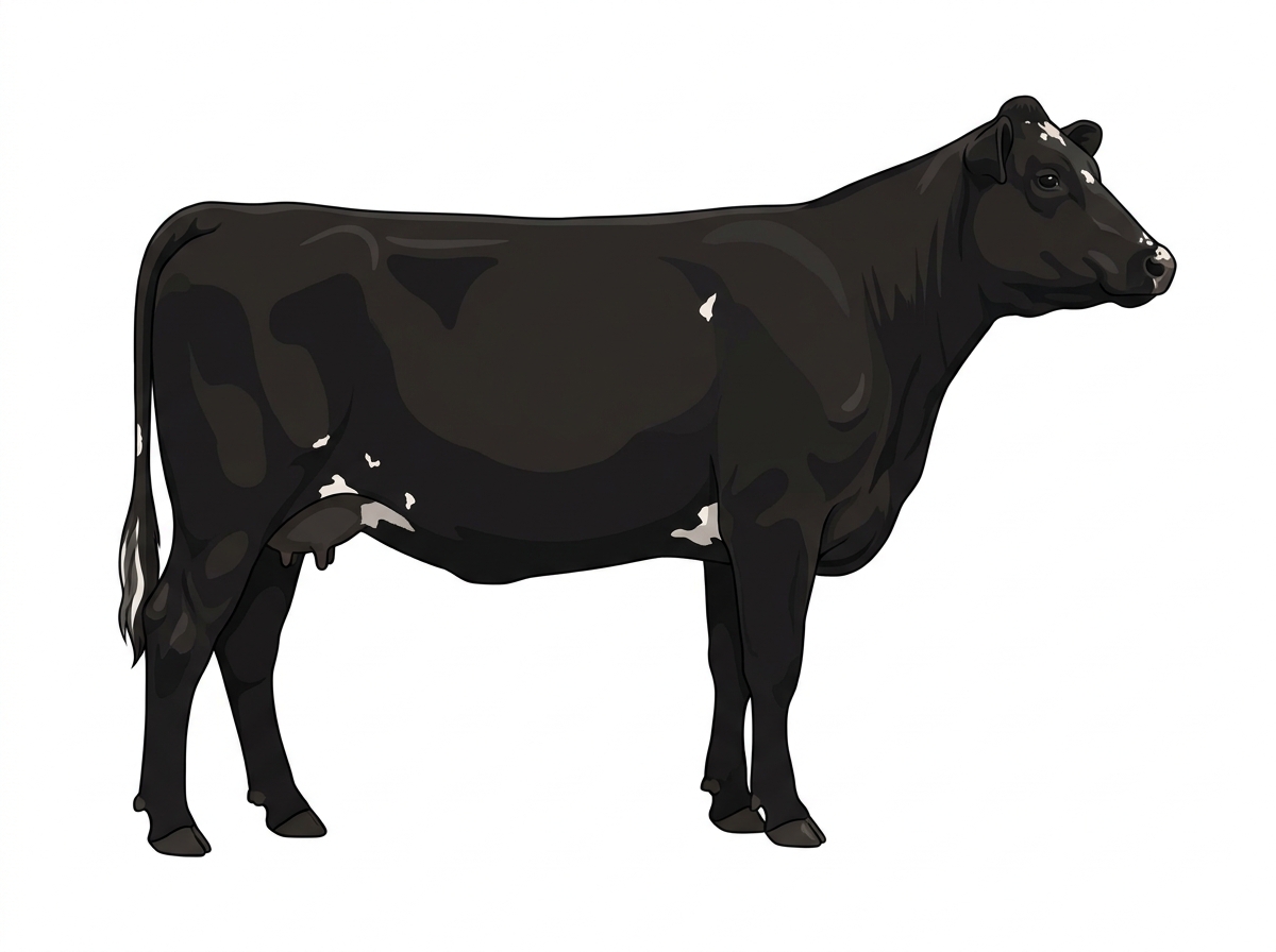 Black with minimal white face markings and a few white spots MaineTainer Cow
