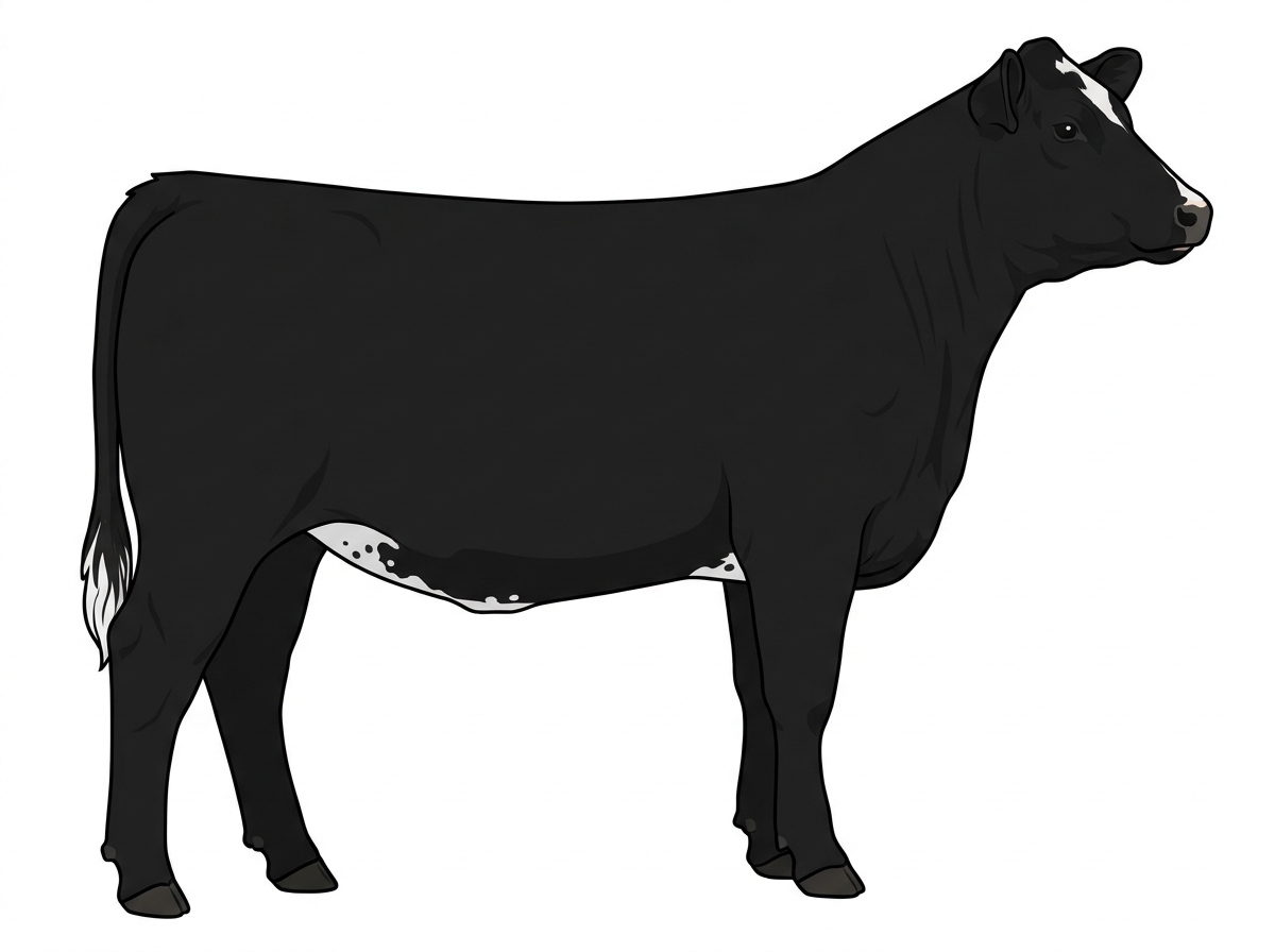 Black with minimal white face markings, white spots and ticking in the white MaineTainer Heifer