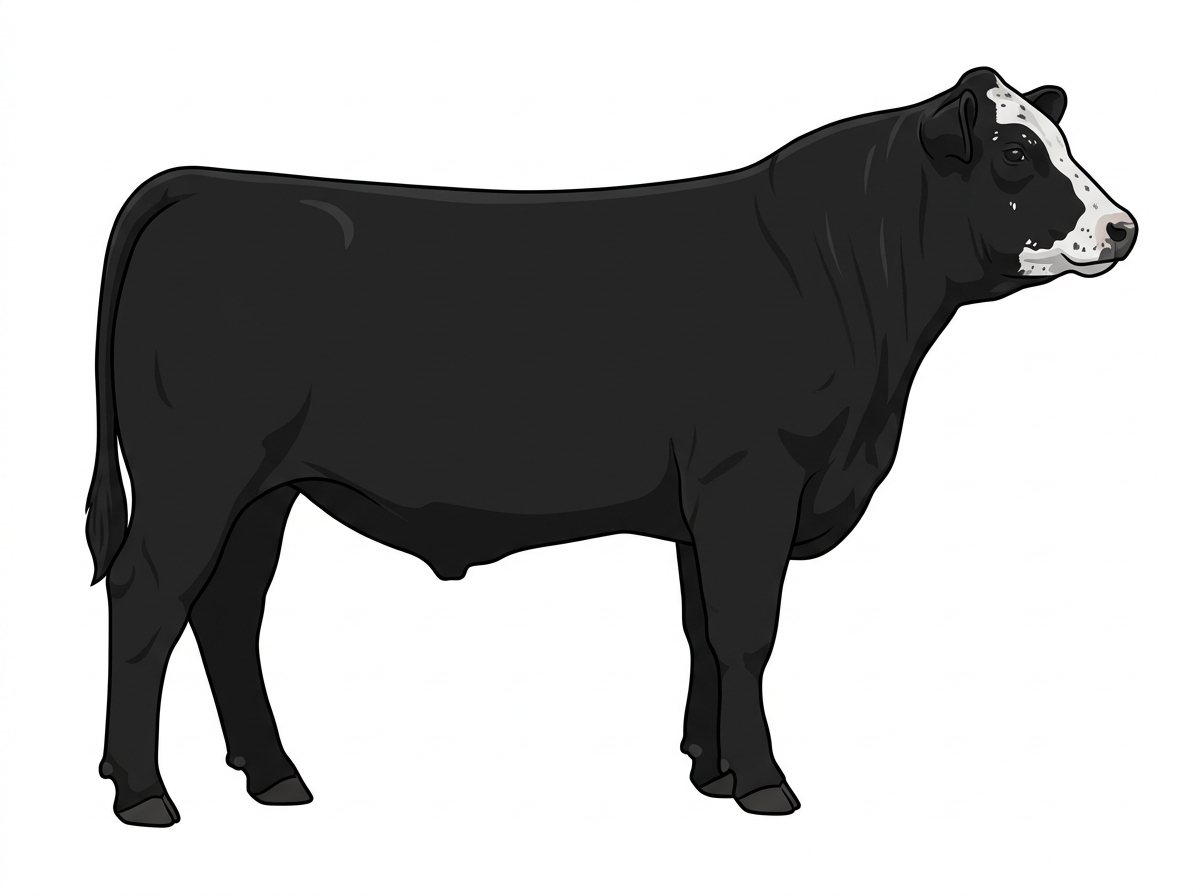 Black with minimal white face markings, white spots and ticking in the white MaineTainer Steer