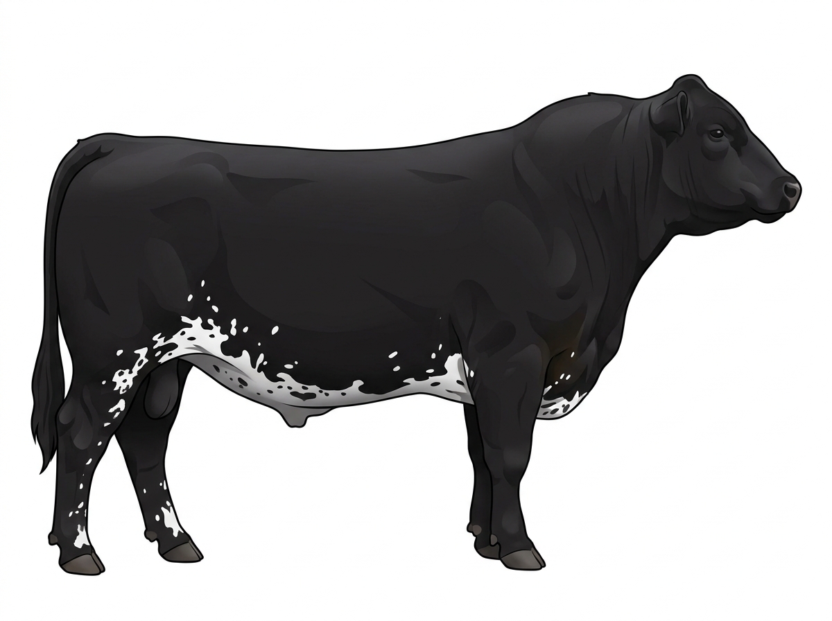 Black with white spots and ticking in the white MaineTainer Bull