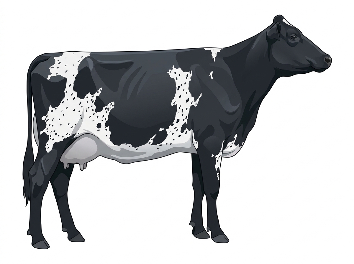 Black with white spots and ticking in the white MaineTainer Cow