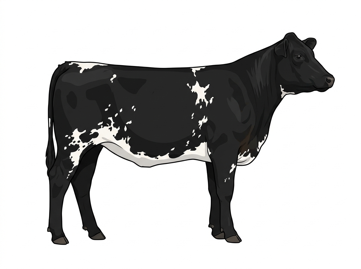 Black with white spots and ticking in the white MaineTainer Heifer